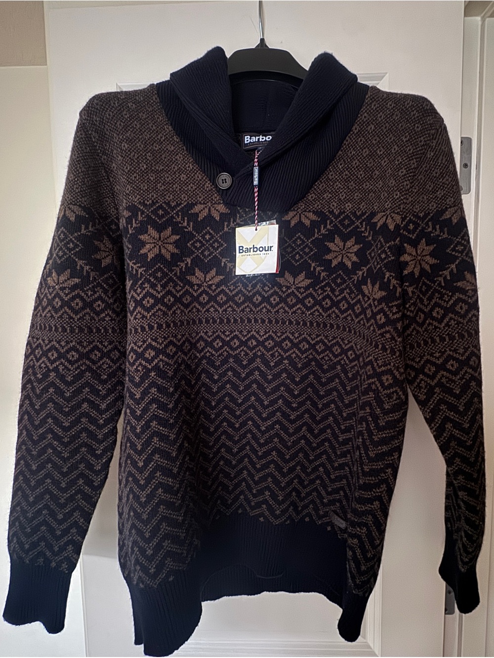 Barbour Navy and Brown Fair Isle Shawl-Collar Sweater